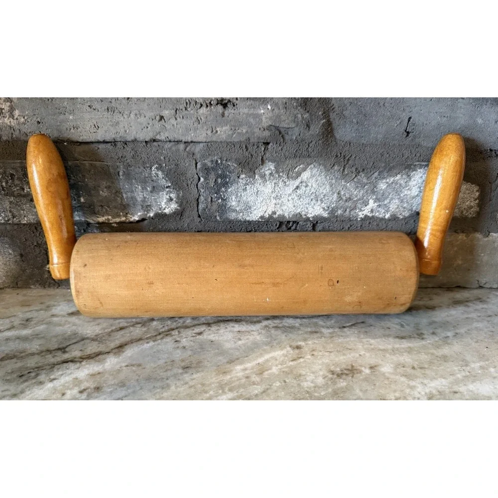 Wooden Rolling Pin Pastry Roller Upright Handles VTG 1950's Primitive Farmhouse